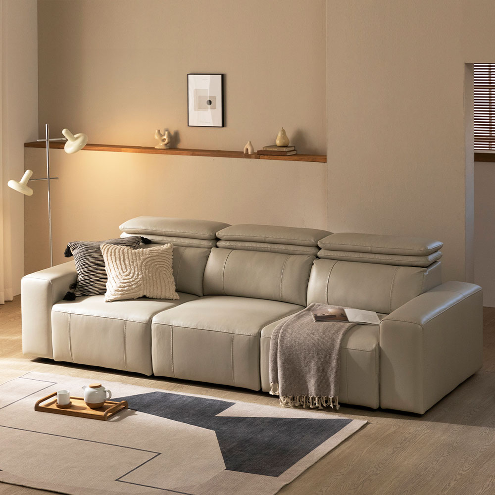 [4인 쇼파] 미코하임 그레이스 리클라이너 천연가죽 슬라이딩 모션 소파 스툴미포함, 샌드베이지, 4인용