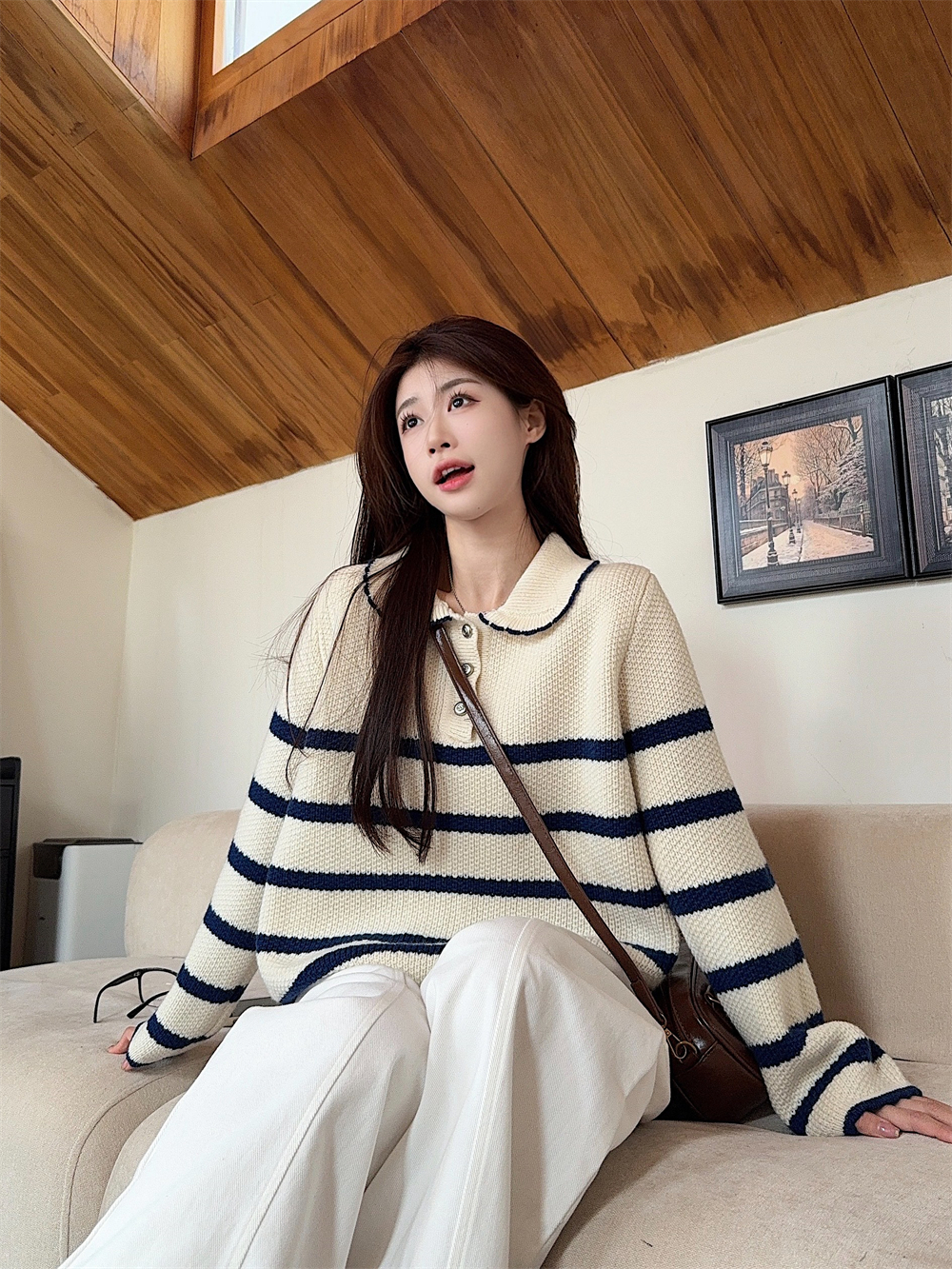 나하나몰 카라 버튼 스트라이프 니트 티셔츠 스웨터 SE12280