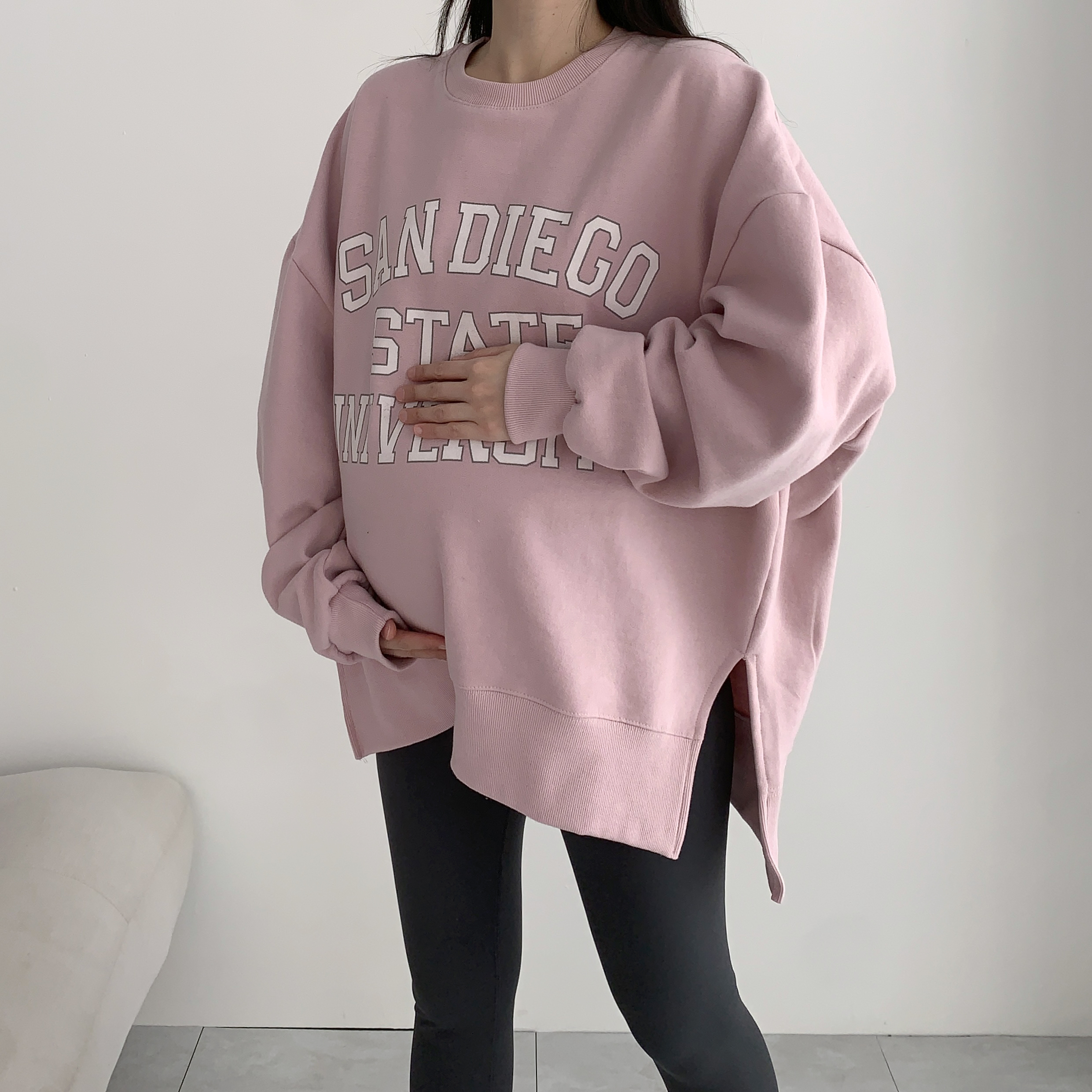 샌디 핑크맨투맨 양기모맨투맨 트임 레깅스롱티 - 상품 이미지