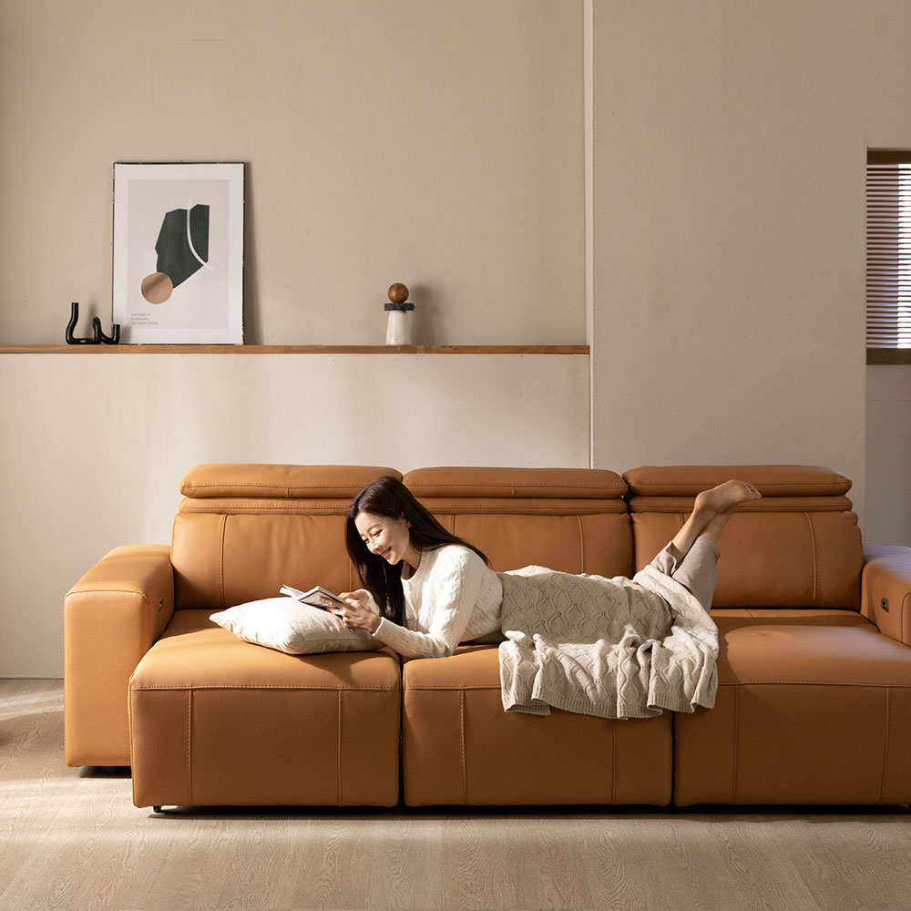 [4인 쇼파] 미코하임 그레이스 리클라이너 천연가죽 슬라이딩 모션 소파 스툴미포함, 카멜, 4인용