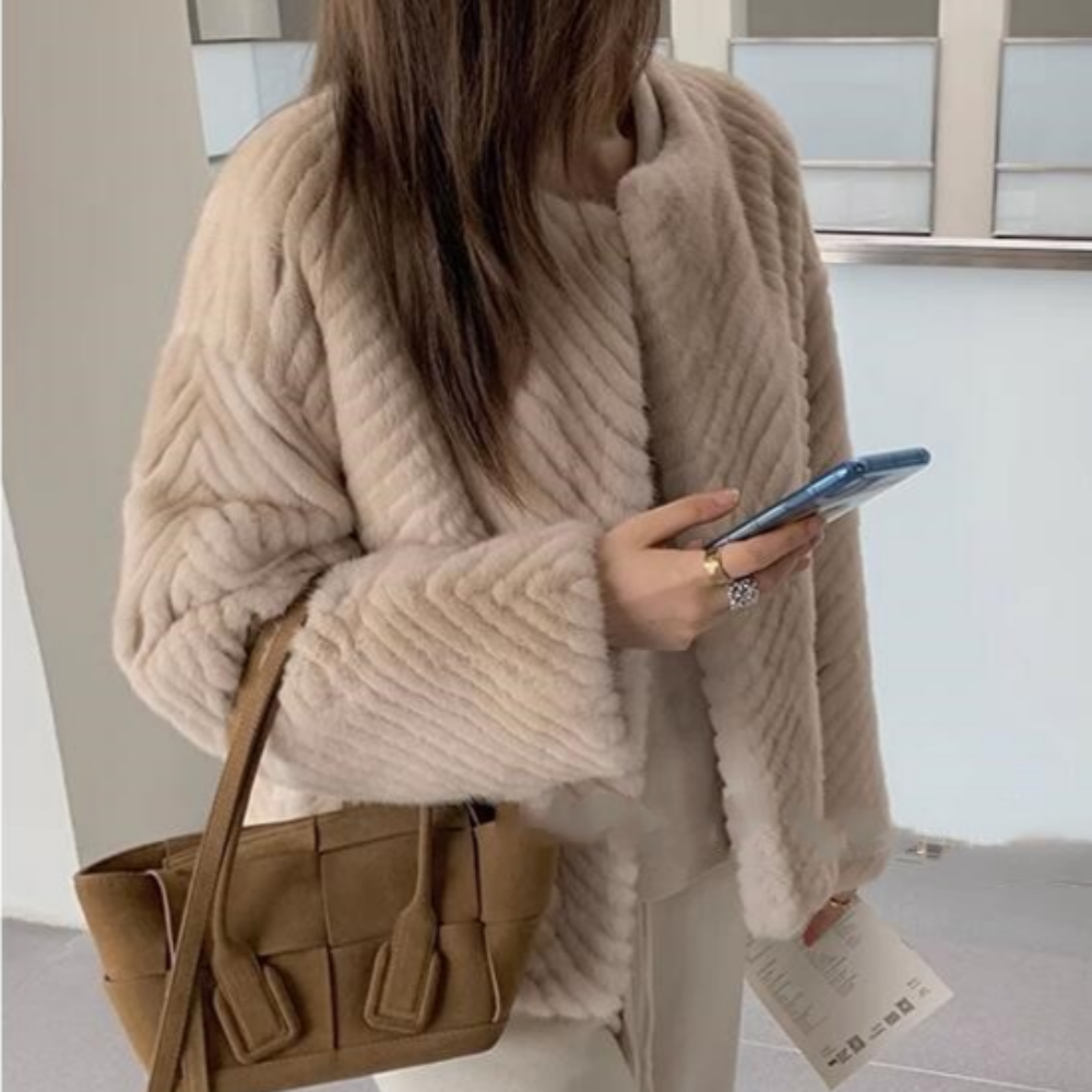헤링본 페이크퍼 밍크자켓 노카라 숏 인조 모피 스웨이드 자켓 룩킵 - 상품 이미지