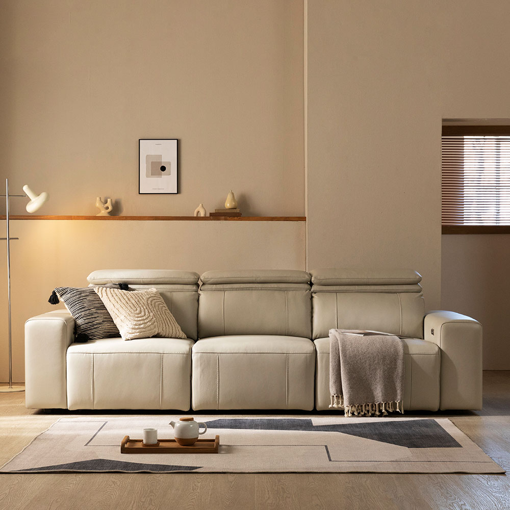 [4인 쇼파] 미코하임 그레이스 리클라이너 천연가죽 슬라이딩 모션 소파 스툴미포함, 샌드베이지, 4인용