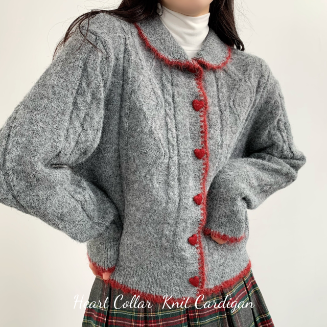 겨울가디건 연말룩 데일리 카라 배색 하트 뿅뿅 러블리 겨울 가디건 - 메인 이미지