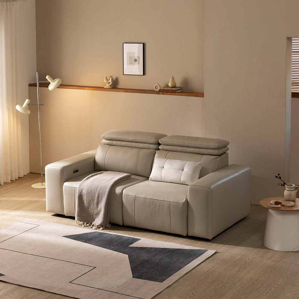 [4인 쇼파] 미코하임 그레이스 리클라이너 천연가죽 슬라이딩 모션 소파 스툴미포함, 샌드베이지, 4인용