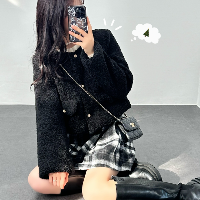 크리스마스 연말룩 누빔 양털🐑후리스 뽀글이 하객룩 금장단추 자켓 - 상세 이미지 3