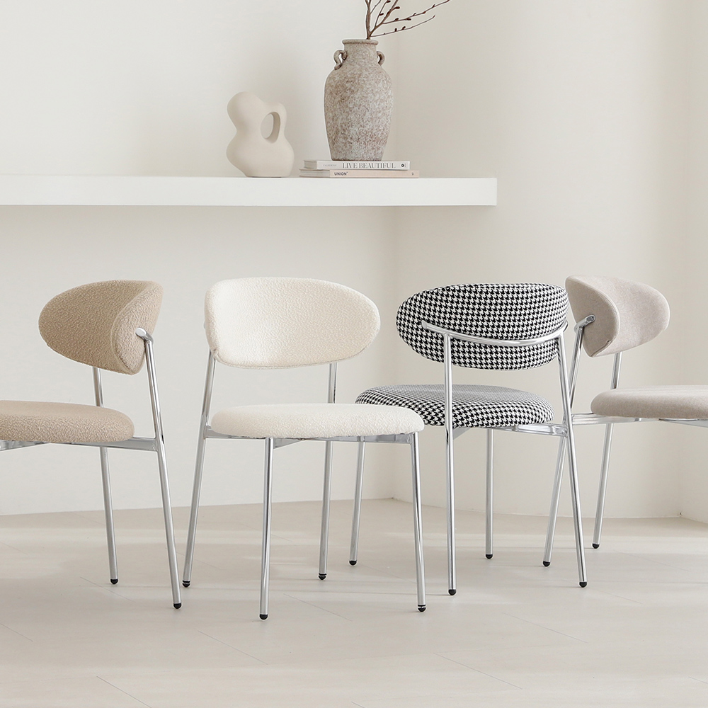 레오나 실버 미드센츄리 디자인 카페의자 베이지 패브릭 철제 업소용의자 / 좌방석 추가가능