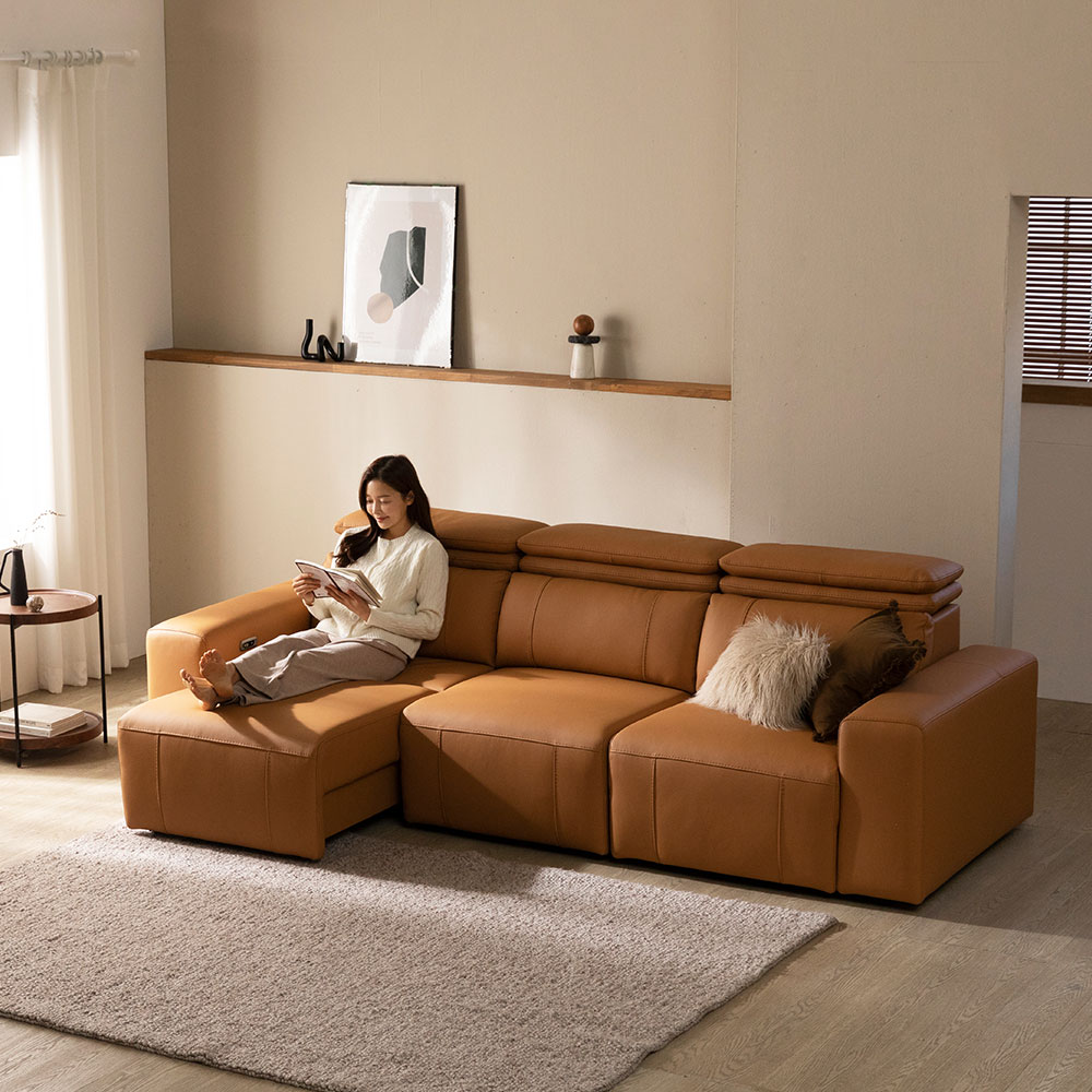 [4인 쇼파] 미코하임 그레이스 리클라이너 천연가죽 슬라이딩 모션 소파 스툴미포함, 샌드베이지, 4인용