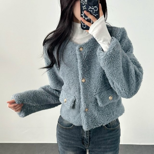 크리스마스 연말룩 누빔 양털🐑후리스 뽀글이 하객룩 금장단추 자켓 - 상품 이미지