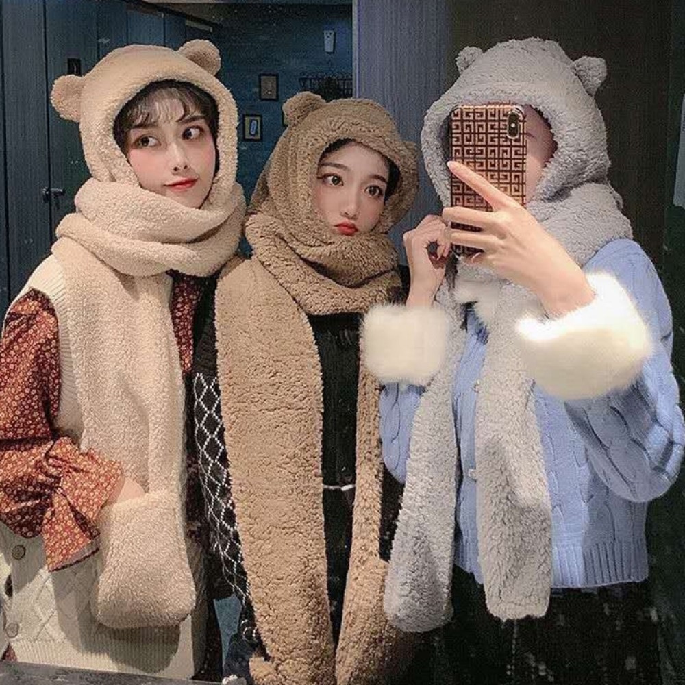 올인원 곰돌이 후드 머플러 손주머니 뽀글이 귀여운 모자 목도리 겨울 방한 넥워머 - 메인 이미지