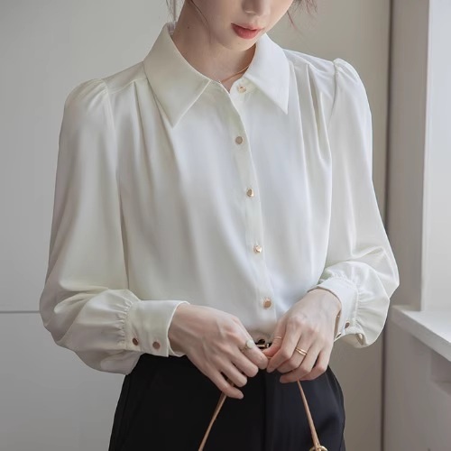 금장단추 블랙 블라우스 봄 가을 비즈니스 정장 캐주얼 출근 면접 빅사이즈 4XL까지 - 상세 이미지 2