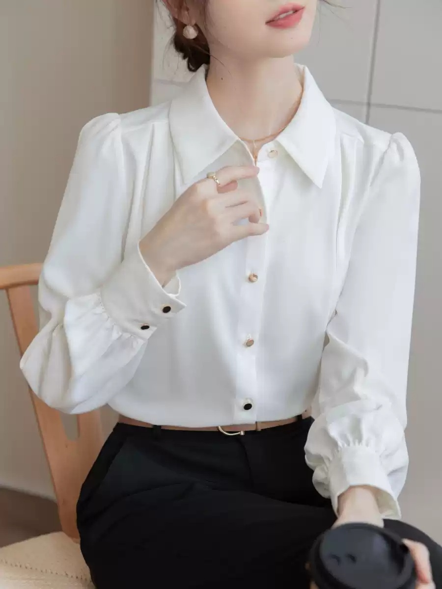 금장단추 블랙 블라우스 봄 가을 비즈니스 정장 캐주얼 출근 면접 빅사이즈 4XL까지 - 상세 이미지 3