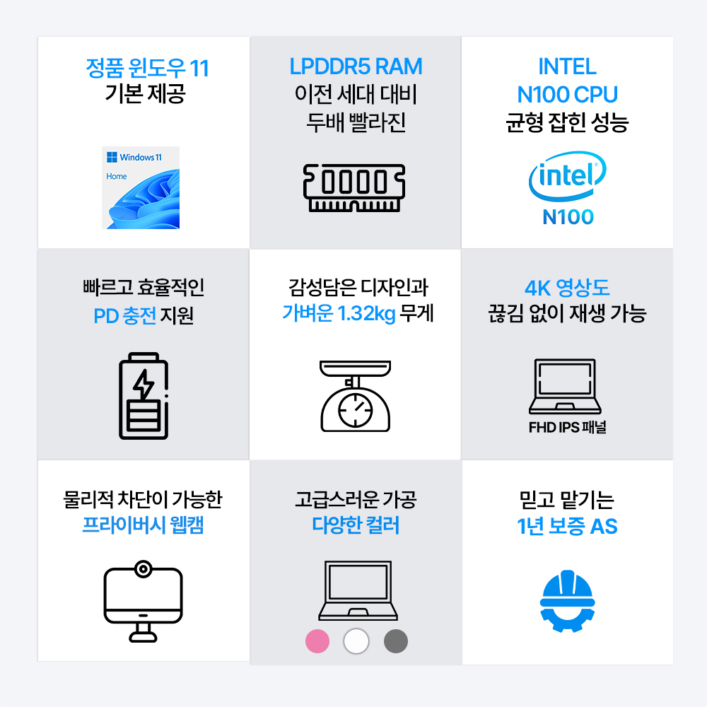 다오북 14-N100 14인치 1.32kg 윈도우11 노트북 8GB, 128GB, 화이트 이미지 8
