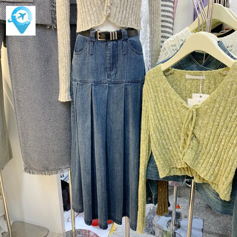 여성 봄 롱 플리츠 여름 라인 빈티지 치마 데님 하이웨스트 스커트 빅사이즈 - 상품 이미지