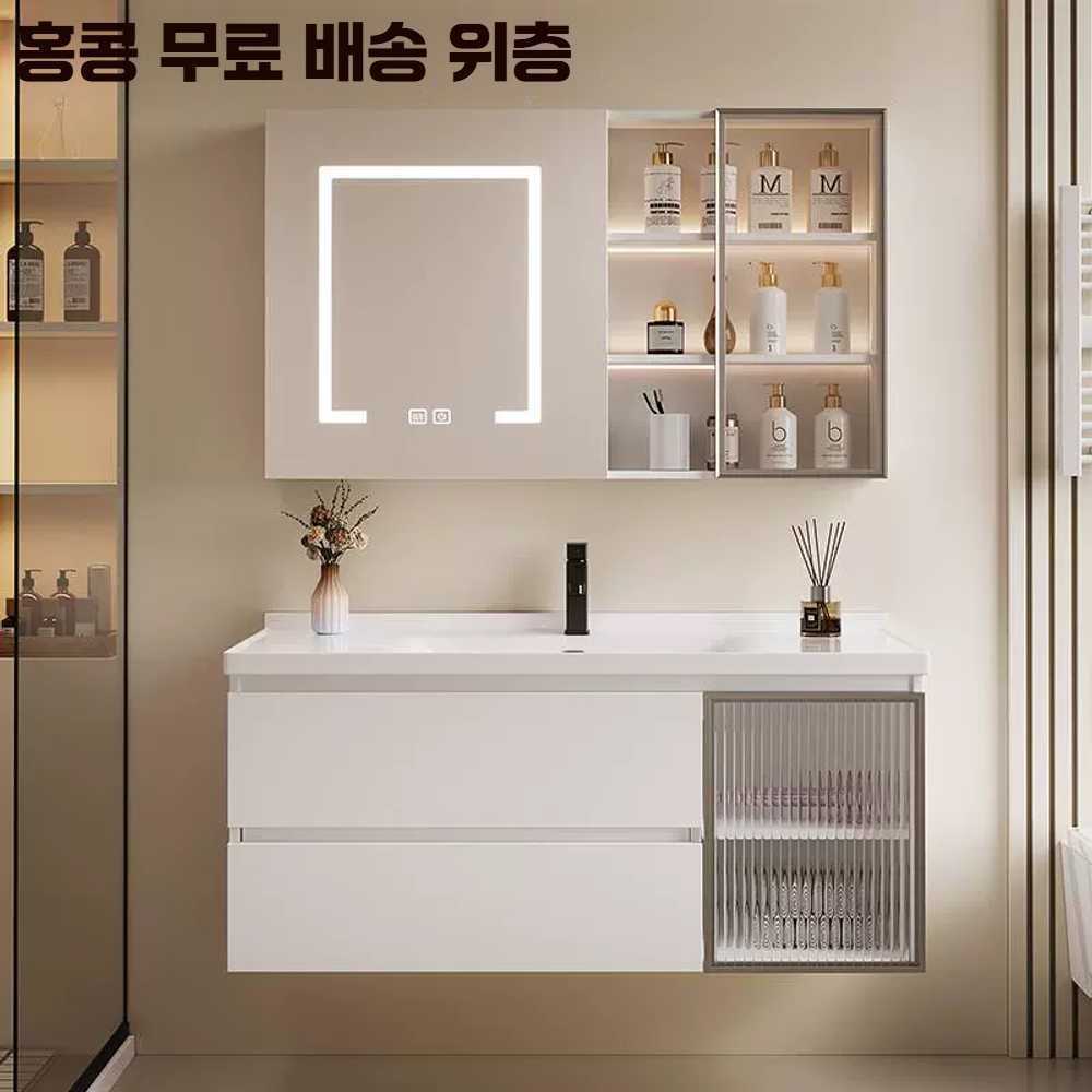 고스트캠프 세면대하부장 욕실 하부장 화장실 일체형 60cm 크림색 원형 거울 - 상품 이미지