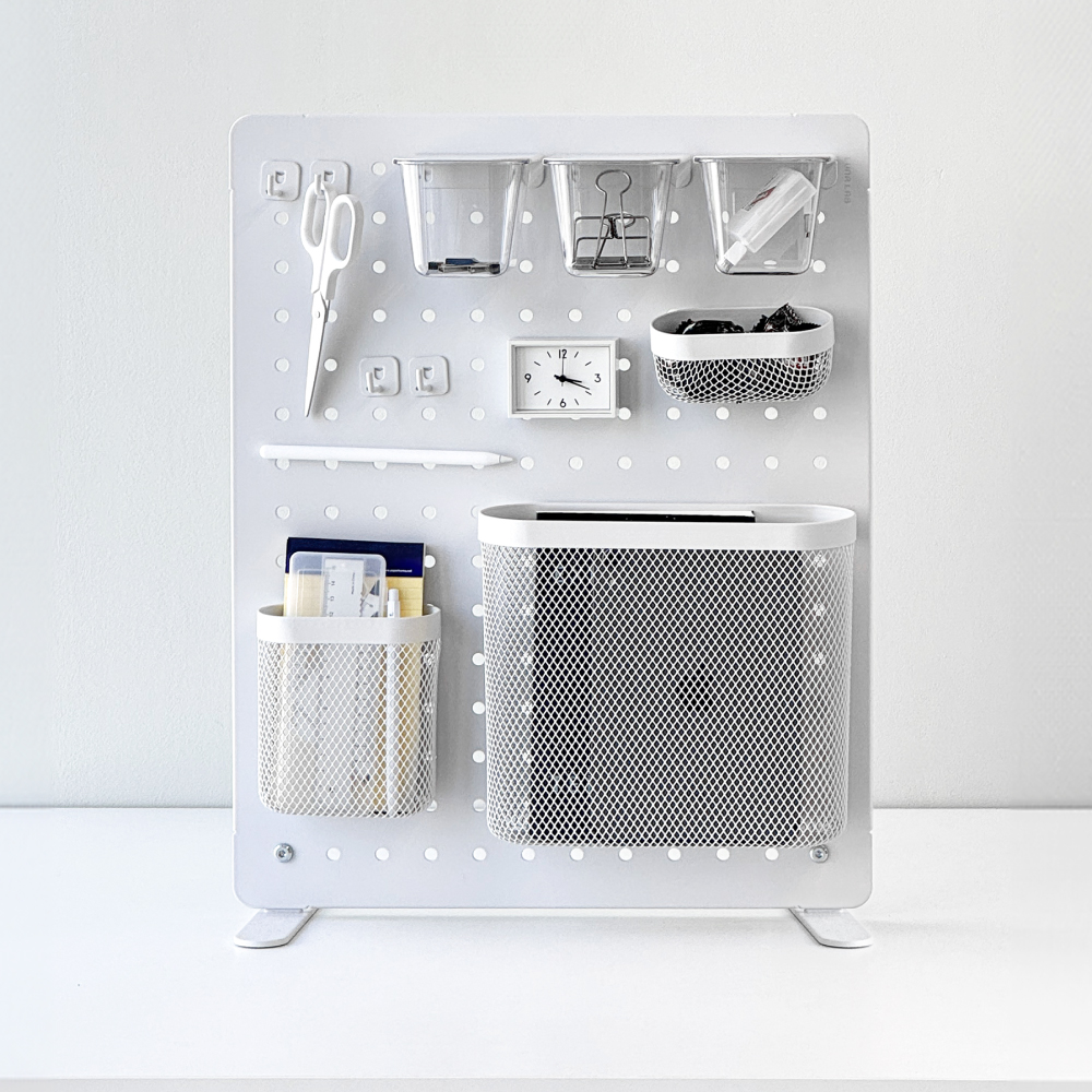 루나랩 타공판 책상 페그보드 수납 거치대 정리함 클램프 파티션 오거나이저 L 바스켓 화이트