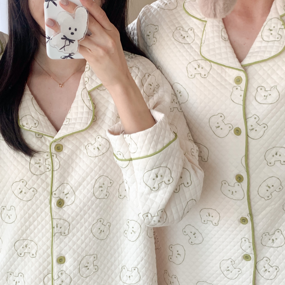 수면잠옷 누빔 빅사이즈 신혼부부 겨울 누빔 홈웨어 그린 베어 크리스마스 파자마파티 - 상세 이미지 4