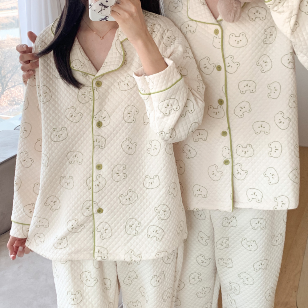 수면잠옷 누빔 빅사이즈 신혼부부 겨울 누빔 홈웨어 그린 베어 크리스마스 파자마파티 - 상세 이미지 3