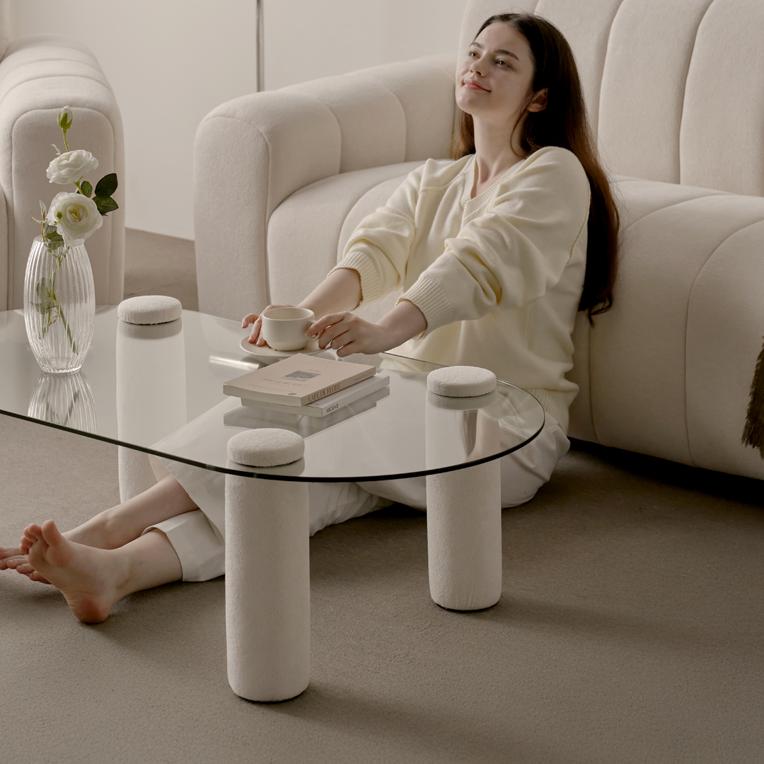 [슬레코폼] LIFE 01 원형 강화유리 부클레 패브릭 소파테이블 1000