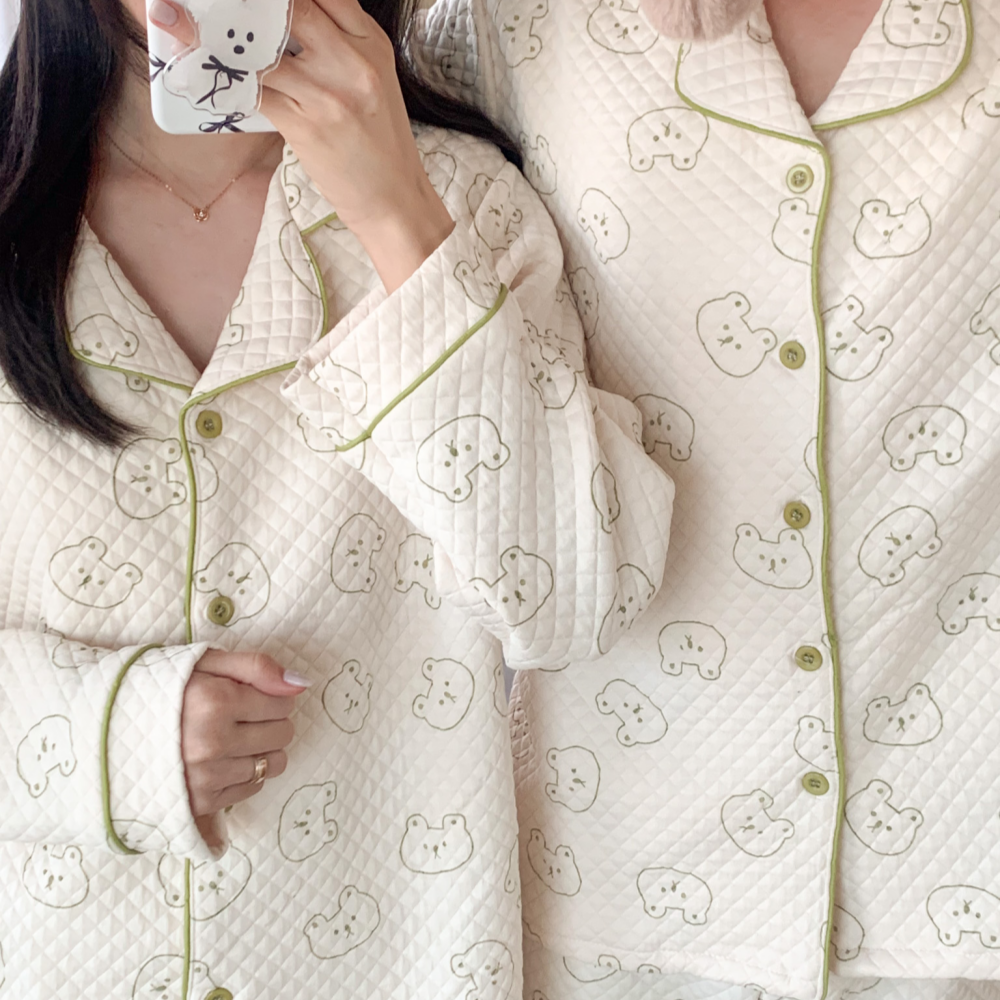수면잠옷 누빔 빅사이즈 신혼부부 겨울 누빔 홈웨어 그린 베어 크리스마스 파자마파티 - 상세 이미지 5