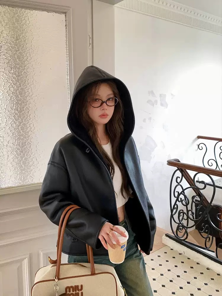 여성 후드 무스탕 리버시블 양털 자켓 - 상품 이미지