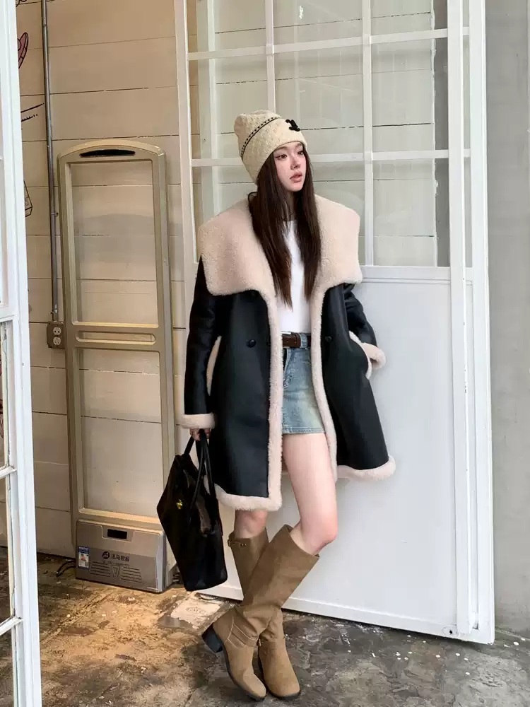 와이드 카라 퍼무스탕 양모 하프코트 2color - 상세 이미지 4