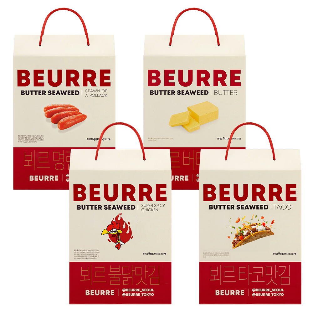 뵈르김 선물형 27입 (타코 버터 명란 트러플 불닭) 맥주안주 명란김 곱창김