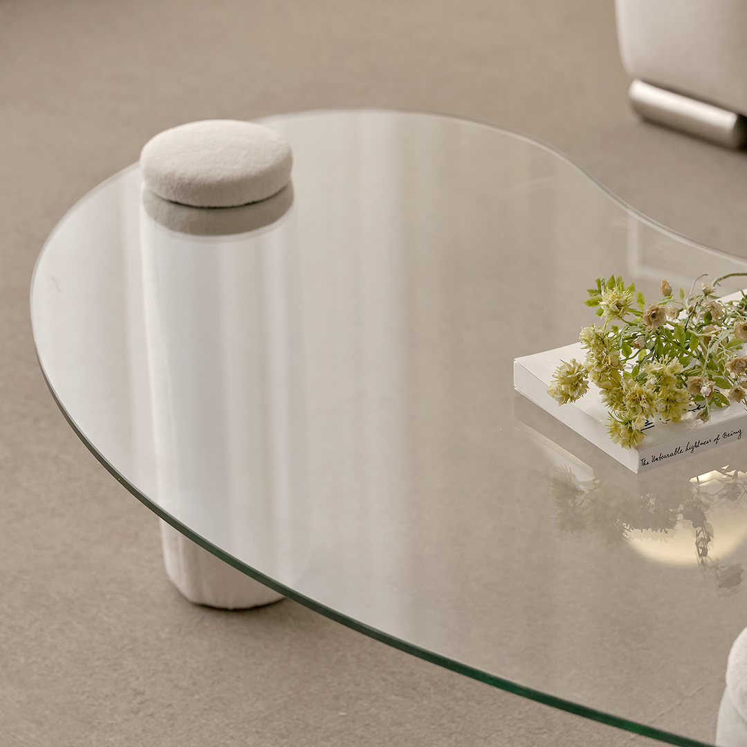 [슬레코폼] LIFE 01 원형 강화유리 부클레 패브릭 소파테이블 1000