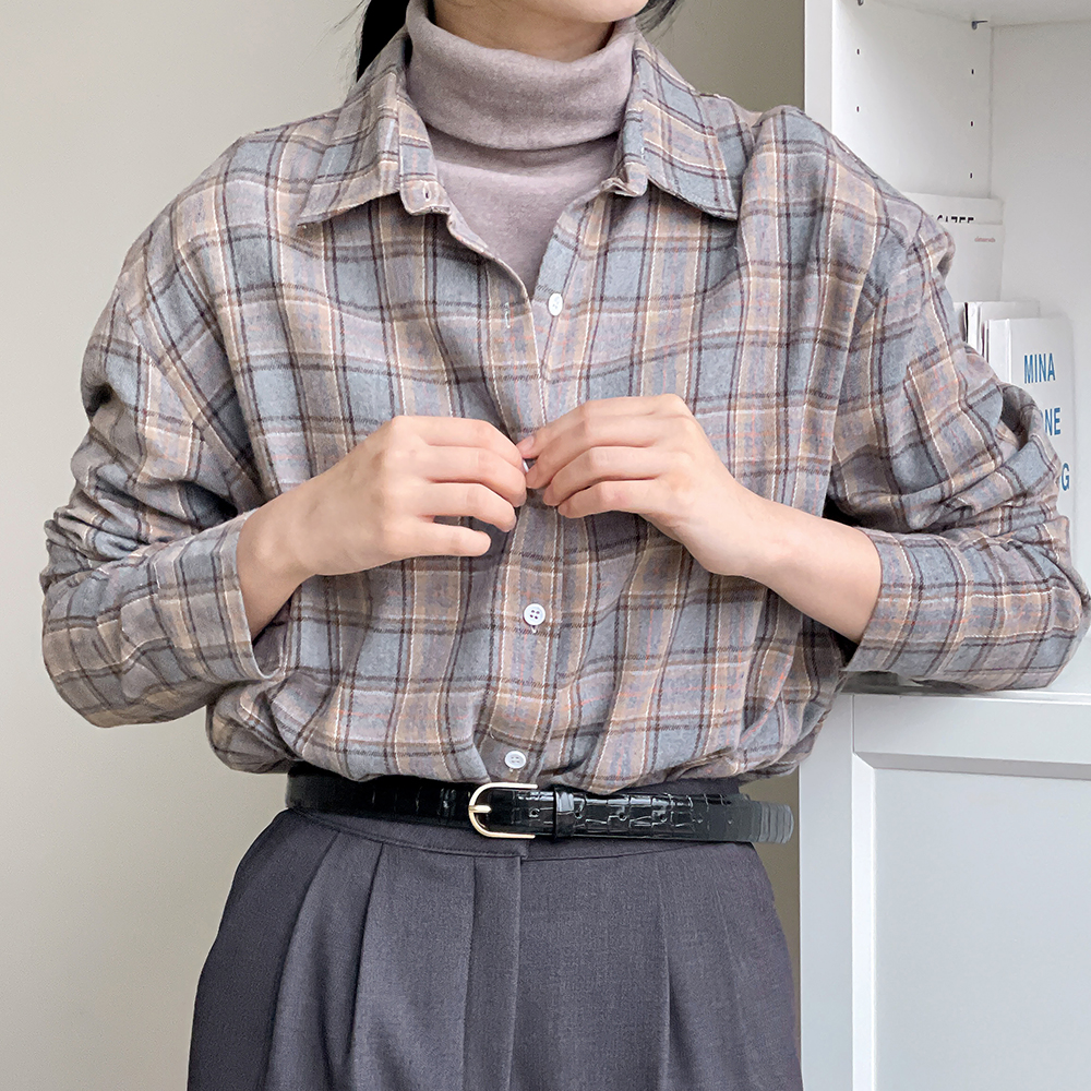 빈티지 겨울셔츠 오버핏 여성체크남방 도톰 긴팔 - 상세 이미지 2