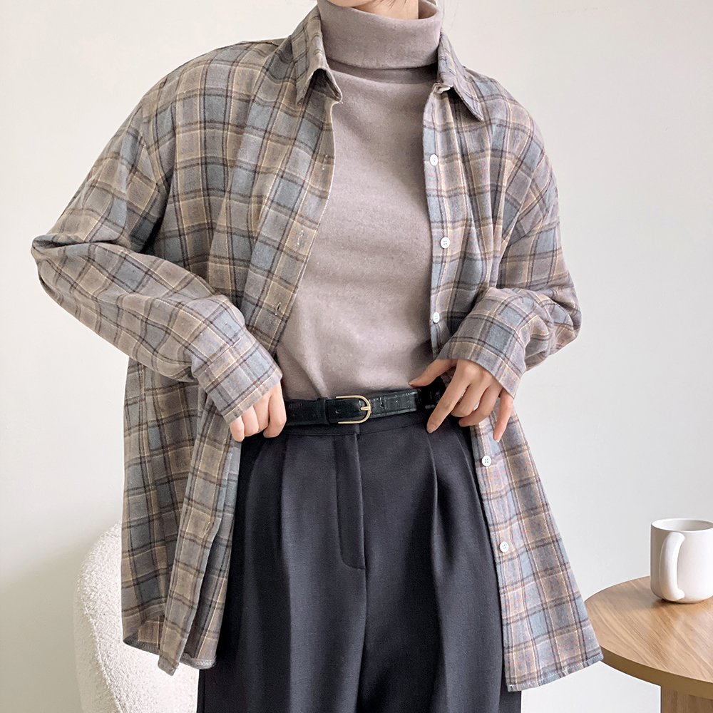 빈티지 겨울셔츠 오버핏 여성체크남방 도톰 긴팔 - 상세 이미지 4