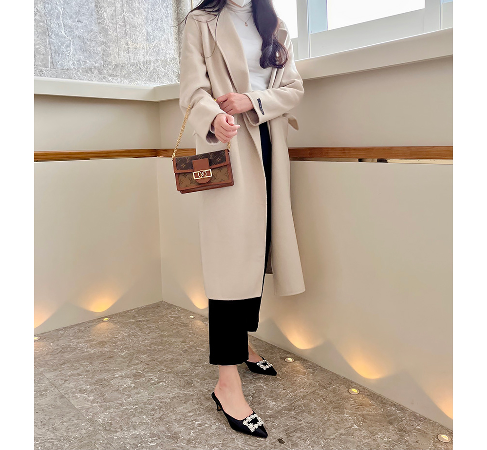 울90% 핸드메이드코트 벨티트코트 싱글 벨트 검정 롱, 아이보리, FREE(One size)