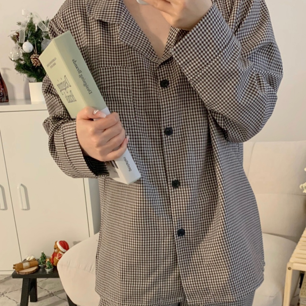 프렌치 무드 체크 잠옷 브라운 파자마 세트 - 상세 이미지 3