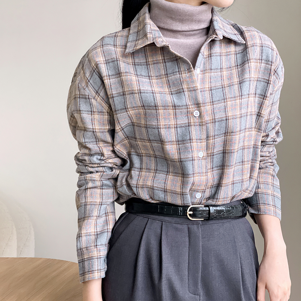 빈티지 겨울셔츠 오버핏 여성체크남방 도톰 긴팔 - 메인 이미지