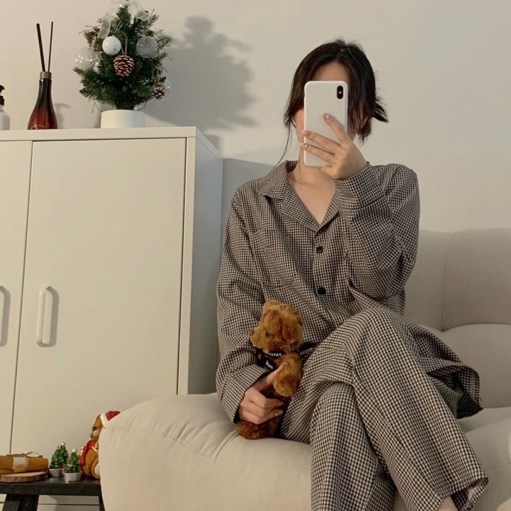 프렌치 무드 체크 잠옷 브라운 파자마 세트 - 상세 이미지 2