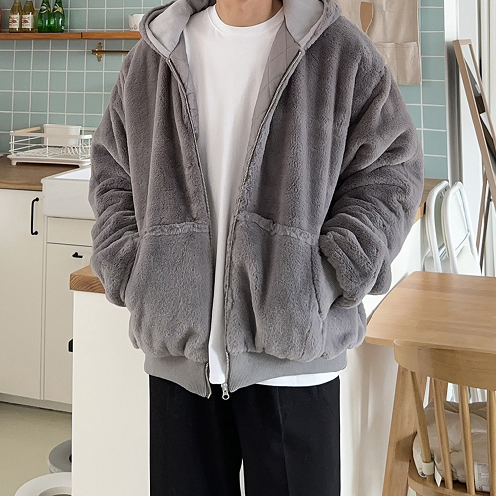 남자 패딩 오버핏 누빔 밍크 퍼 점퍼 후드 숏 패딩