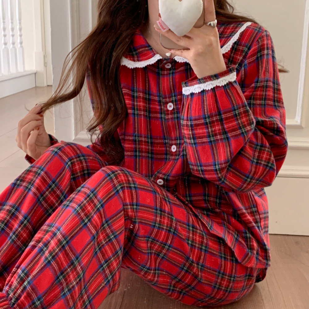 피치기모잠옷 크리스마스 커플 파자마파티 겨울 타탄 레드 홈웨어 세트 - 상품 이미지