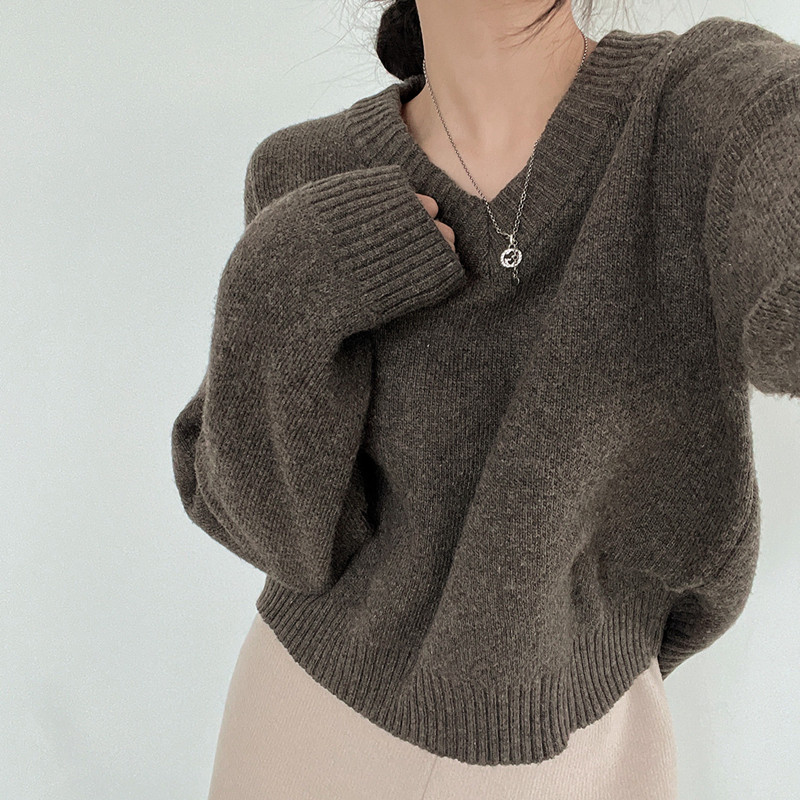 파스텔톤 7color 두툼한 브이넥 긴팔 니트 다크브라운, FREE(One size) - 상세 이미지 2