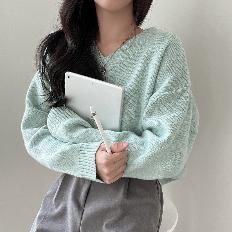 파스텔톤 7color 두툼한 브이넥 긴팔 니트 민트, FREE(One size) - 상세 이미지 5
