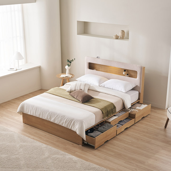 삼익가구 라베나 패브릭 템바보드 LED 4단 수납 침대 퀸 본넬스프링, 오크