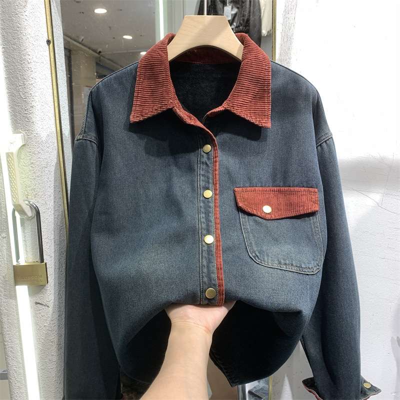 데님 벨벳 기모 남방 복고풍 코듀로이 스플라이스 셔츠 - 상품 이미지
