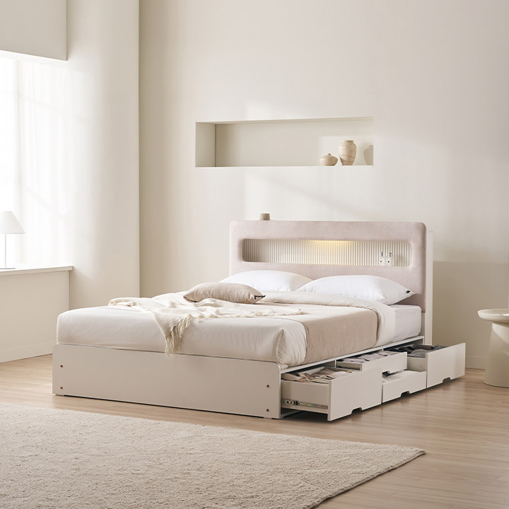 삼익가구 라베나 패브릭 템바보드 LED 4단 수납 침대 퀸 본넬스프링, 화이트