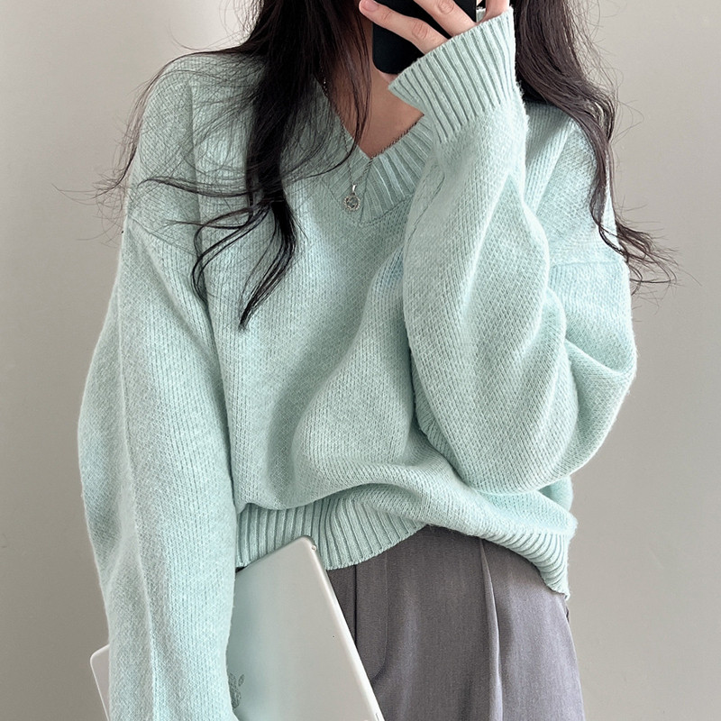 파스텔톤 7color 두툼한 브이넥 긴팔 니트 민트, FREE(One size) - 상세 이미지 2