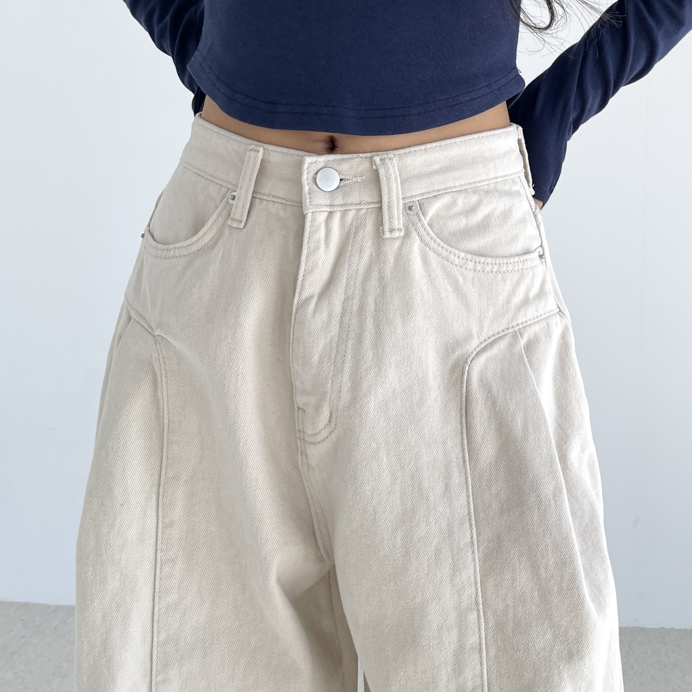 커브드팬츠 코튼 화이트 와이드팬츠 도톰한 여성 겨울 면 크림색 프렌치기모벌룬팬츠 - 상세 이미지 4