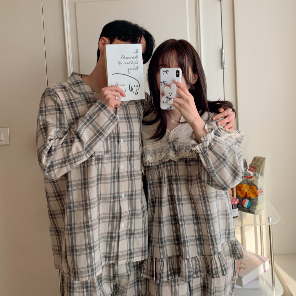 B급상품 신혼부부잠옷 프릴 화이트 신혼 순면 체크 실내복 면100 홈웨어 세트 - 상세 이미지 3