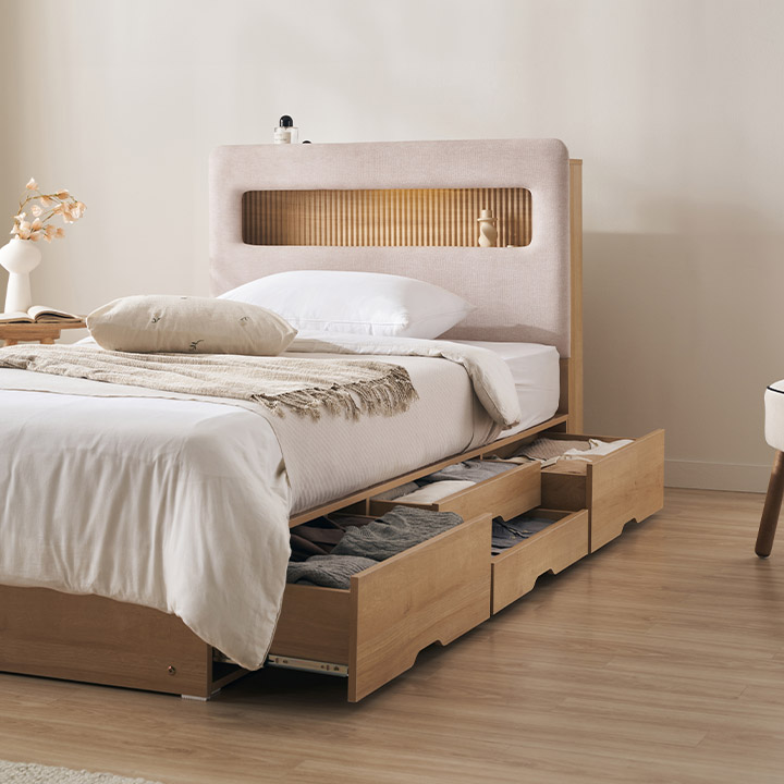 삼익가구 라베나 패브릭 템바보드LED 4단 수납침대 슈퍼싱글 본넬스프링, 오크