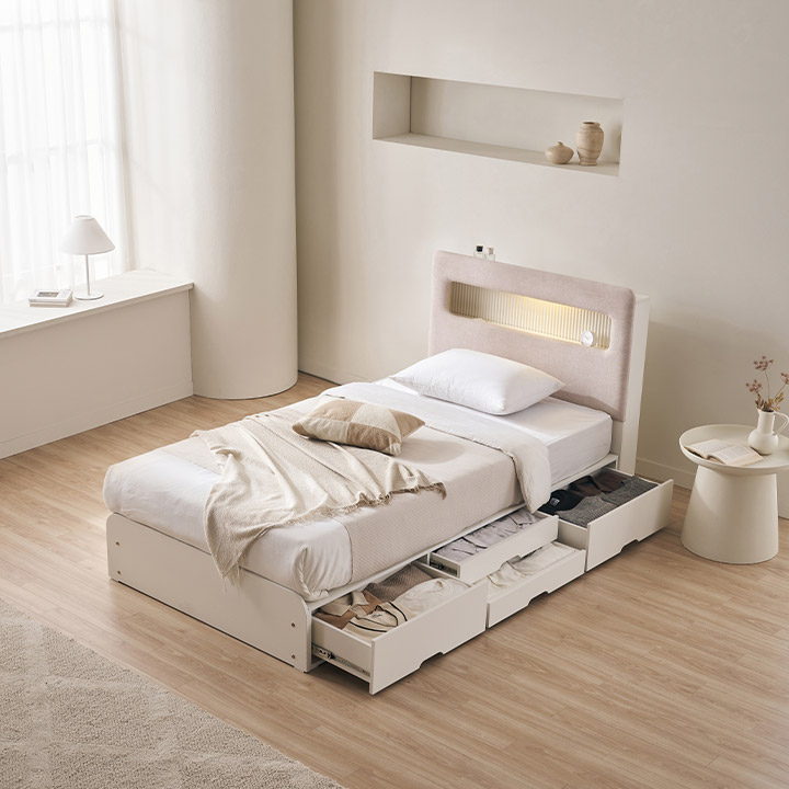 삼익가구 라베나 패브릭 템바보드LED 4단 수납침대 슈퍼싱글 매트없음, 화이트