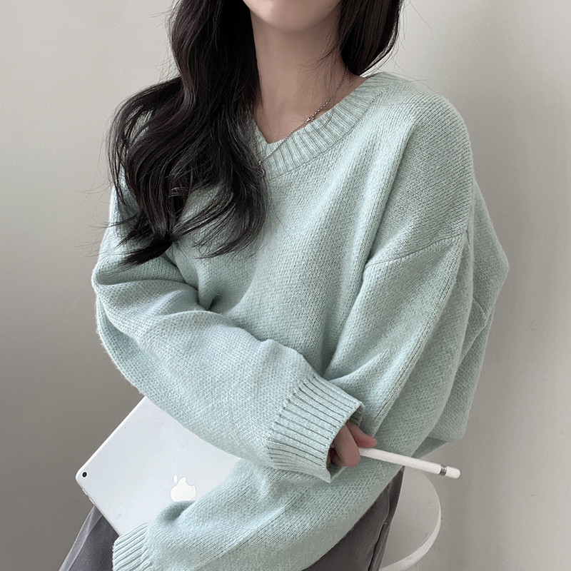 파스텔톤 7color 두툼한 브이넥 긴팔 니트 민트, FREE(One size) - 상세 이미지 4