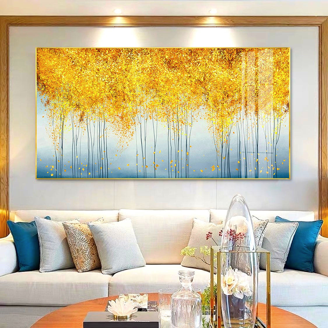 [대형] 돈나무 액자 그림 140x70cm 인테리어 거실 골드메탈 황금빛 나무풍경 추상화