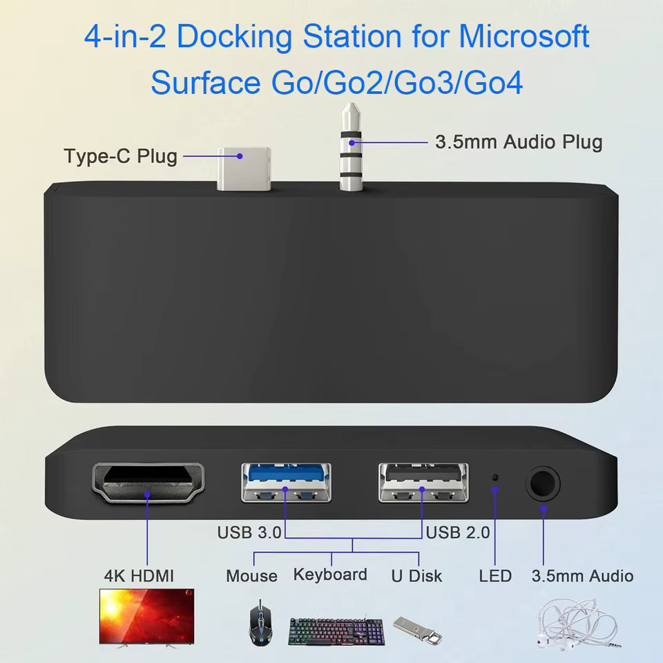 Surface Go 2 Go3 Go4 도킹 스테이션  Microsoft 액세서리 4K HDMI USB 3.0 포트 허브 3.5mm 오디오 포함 4 in 1 : 돈나무19