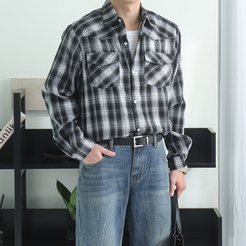 남자 체크셔츠 오버핏 웨스턴 남방 남자 셔츠 - 상품 이미지