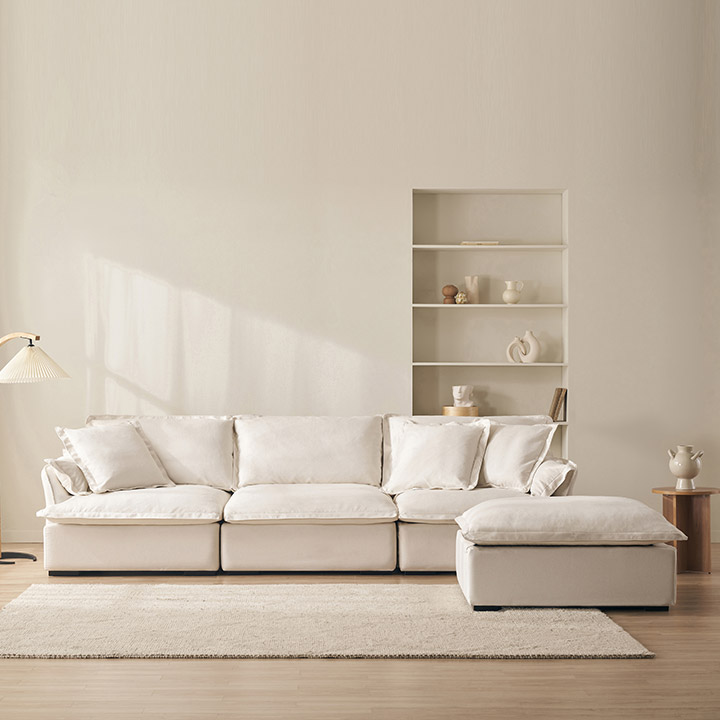 삼익가구 포그너 구스 기능성 패브릭 소파 스툴포함, 화이트, 4인용